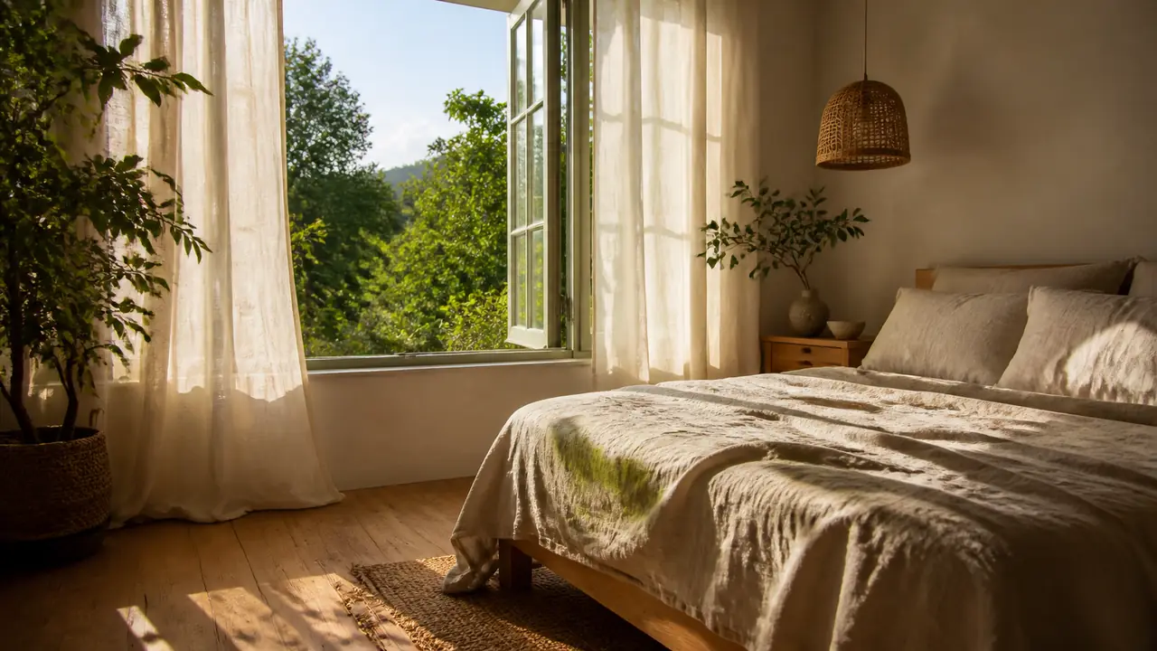 Chambre claire au petit matin, rideaux légers devant une fenêtre entrouverte sur un feuillage vert