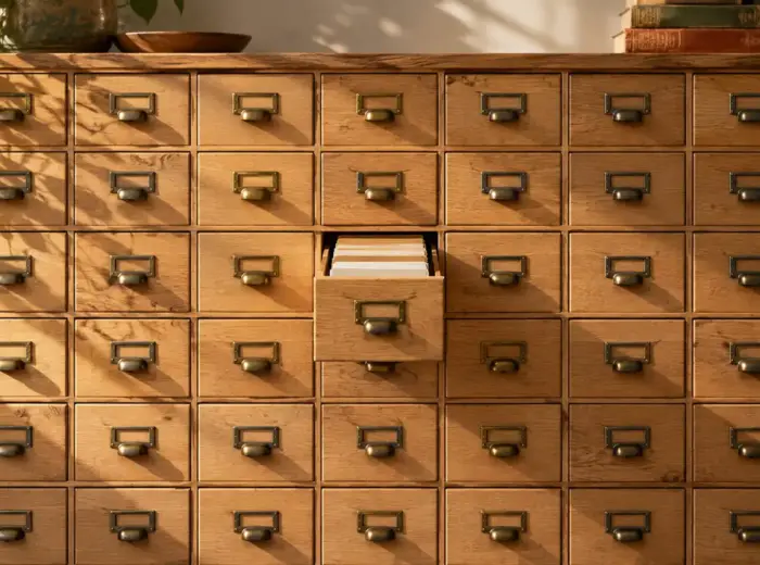 Un mur de petits tiroirs d'archives en bois clair, l'un d'eux entrouvert laissant voir des fiches cartonnées