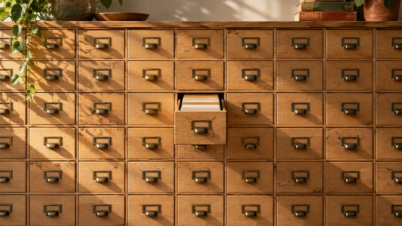 Un mur de petits tiroirs d'archives en bois clair, l'un d'eux entrouvert laissant voir des fiches cartonnées