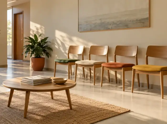 Une salle d'attente vide, rangée de chaises en bois clair alignées contre un mur et table basse