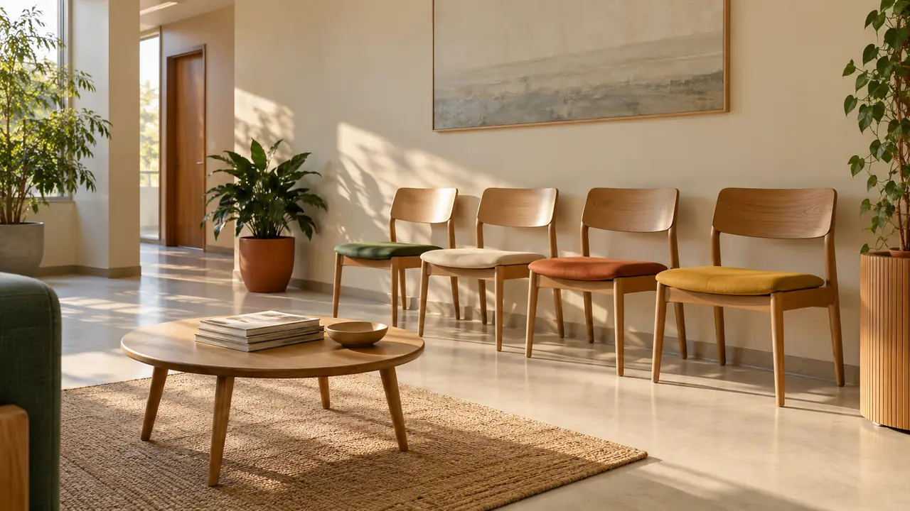 Une salle d'attente vide, rangée de chaises en bois clair alignées contre un mur et table basse