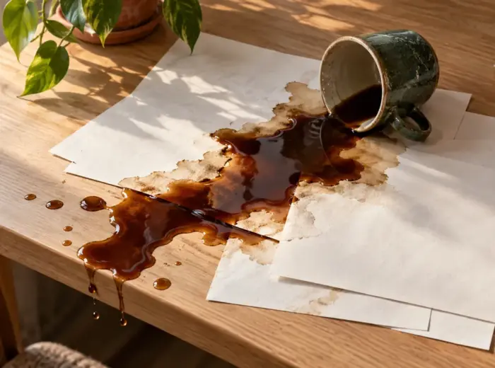 Une tasse renversée et du café répandu sur des feuilles imprimées étalées sur un bureau en bois clair