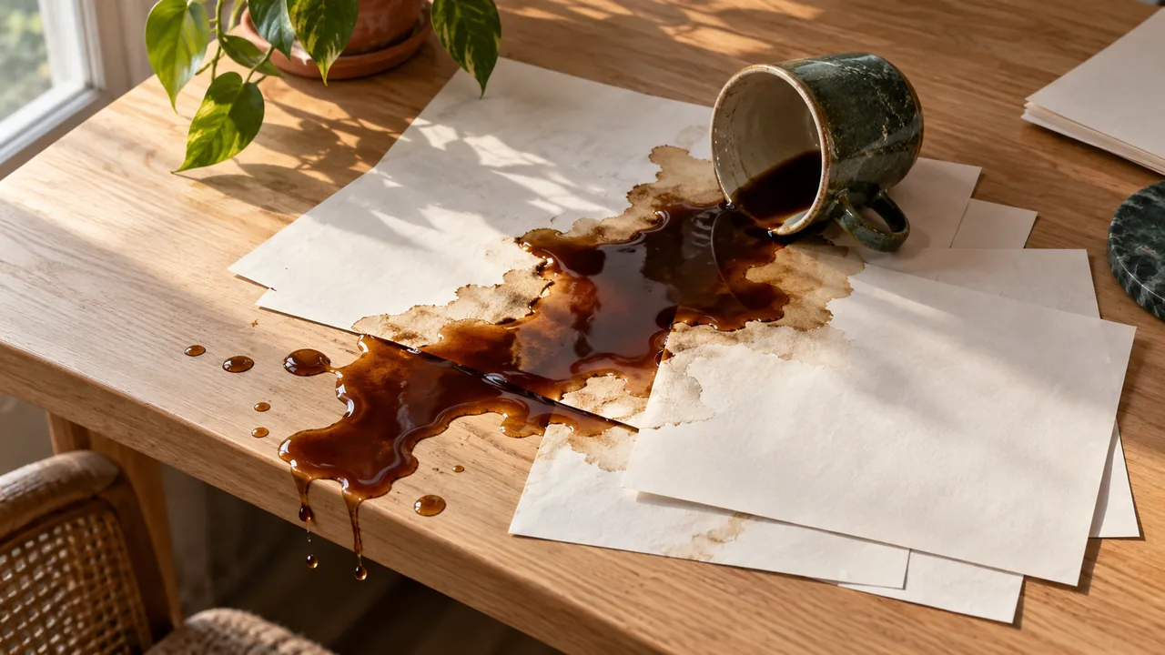 Une tasse renversée et du café répandu sur des feuilles imprimées étalées sur un bureau en bois clair