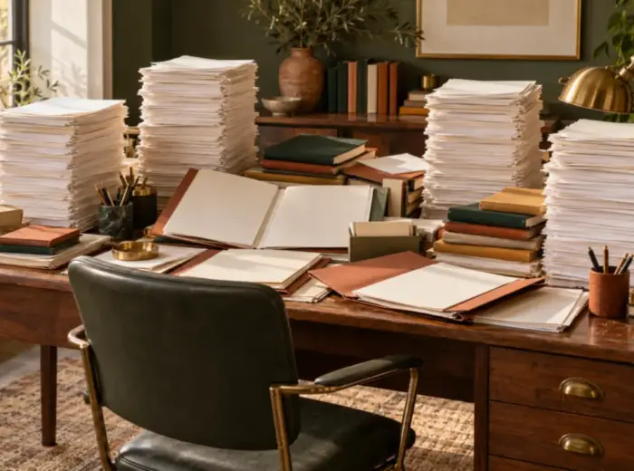 Un bureau submergé de piles de papiers et de dossiers ouverts, une chaise vide devant