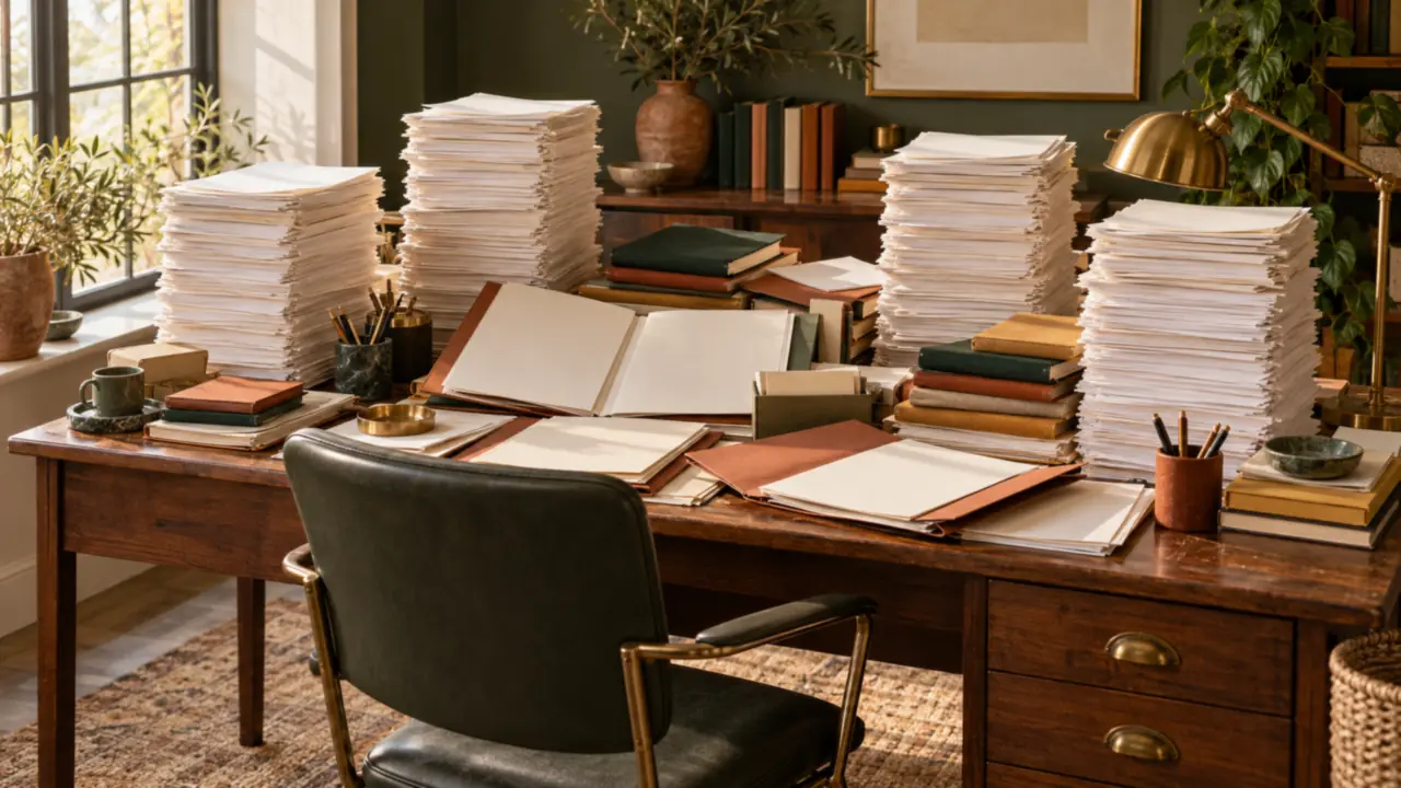 Un bureau submergé de piles de papiers et de dossiers ouverts, une chaise vide devant
