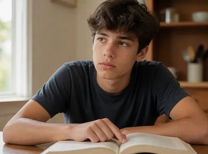 Adolescent assis devant un livre ouvert, un doigt posé sur la page, le regard levé au-delà du livre