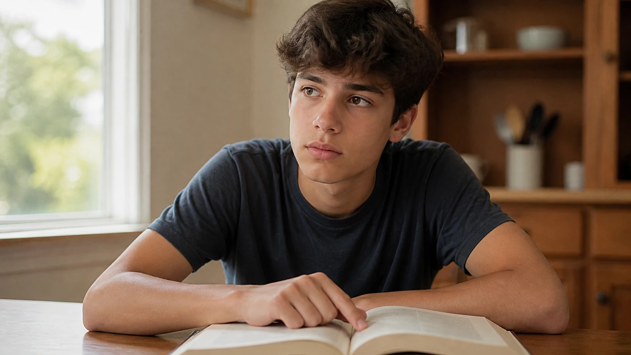 Adolescent assis devant un livre ouvert, un doigt posé sur la page, le regard levé au-delà du livre