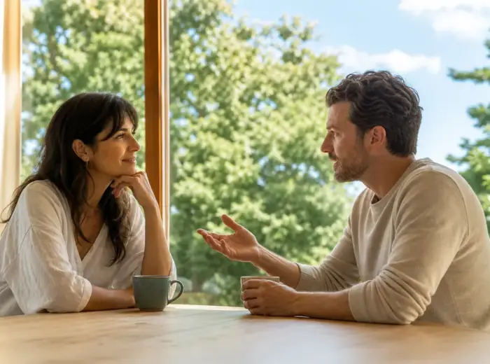 Deux adultes discutant autour d'une table claire près d'une grande fenêtre, lumière du jour et verdure au-dehors