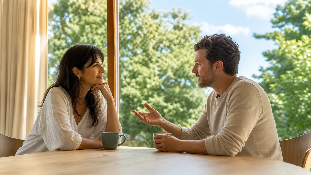 Deux adultes discutant autour d'une table claire près d'une grande fenêtre, lumière du jour et verdure au-dehors