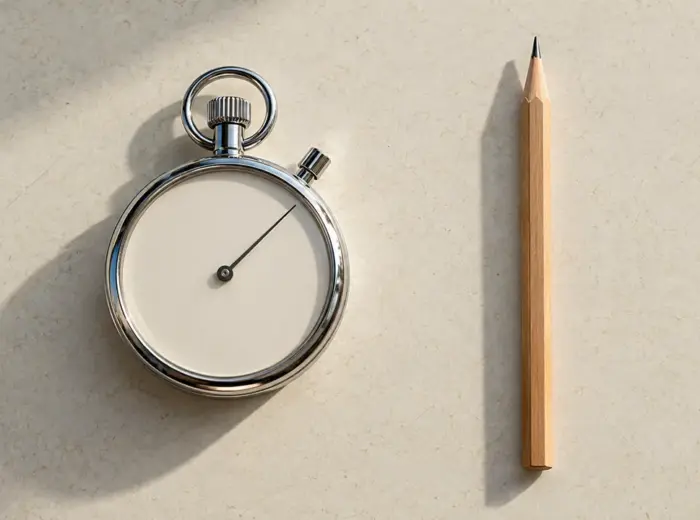 Un chronomètre mécanique chromé et un crayon à papier taillé posés côte à côte sur une table claire