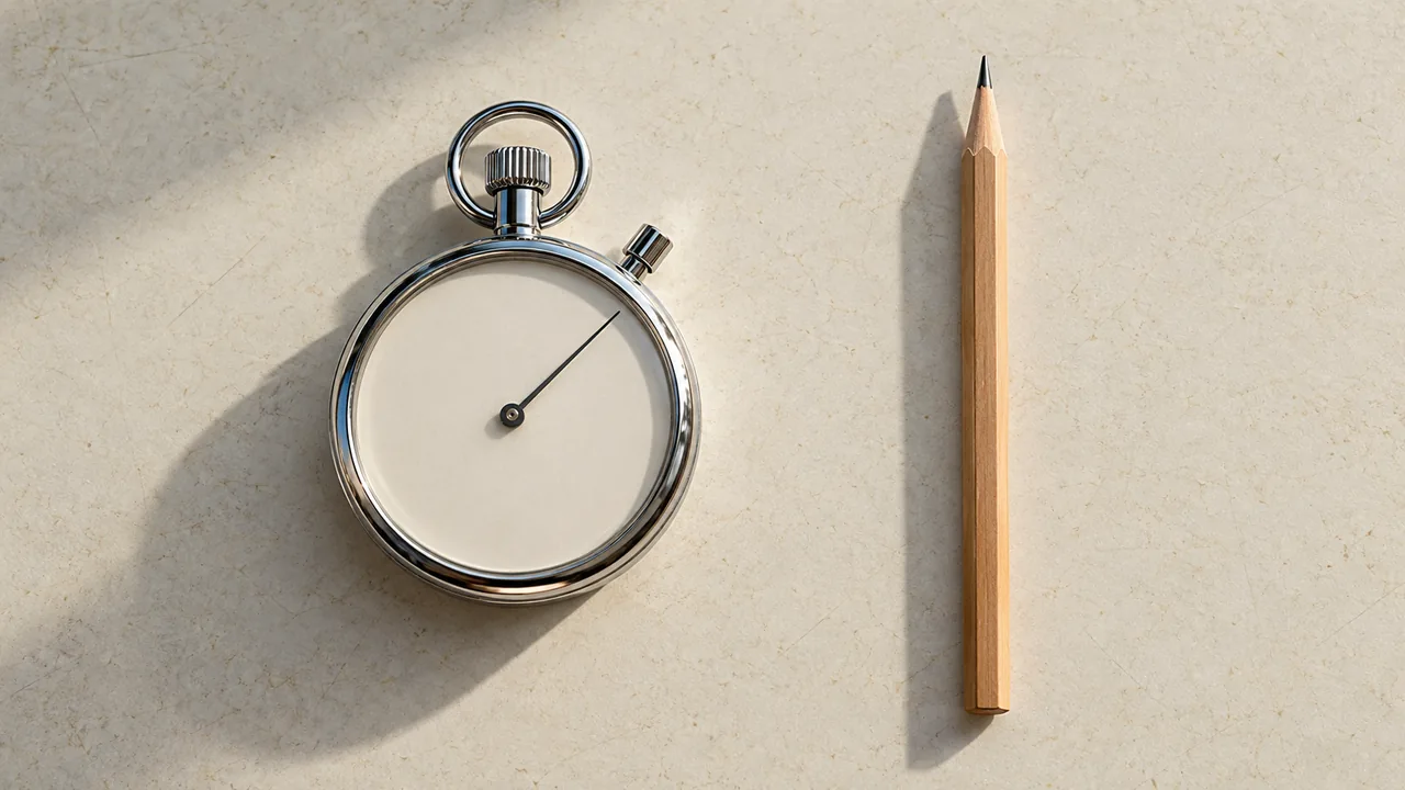 Un chronomètre mécanique chromé et un crayon à papier taillé posés côte à côte sur une table claire