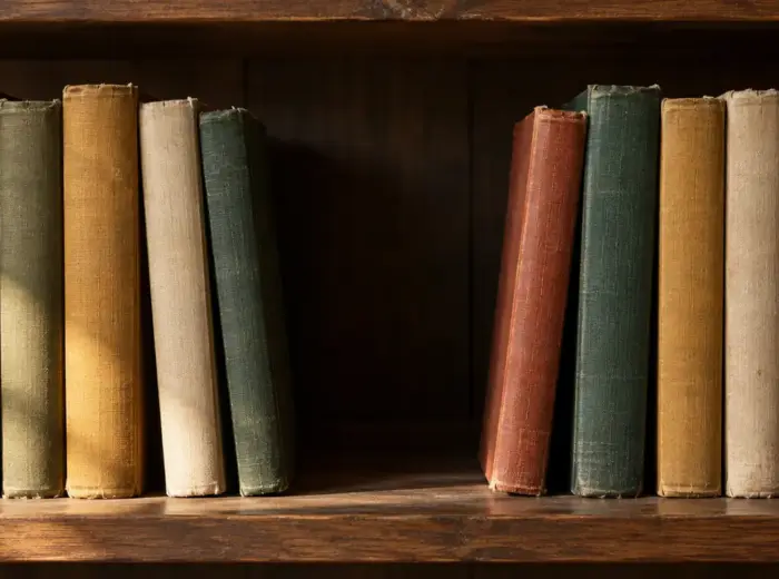 Une rangée de livres reliés serrés sur une étagère, avec un large vide sombre en plein centre