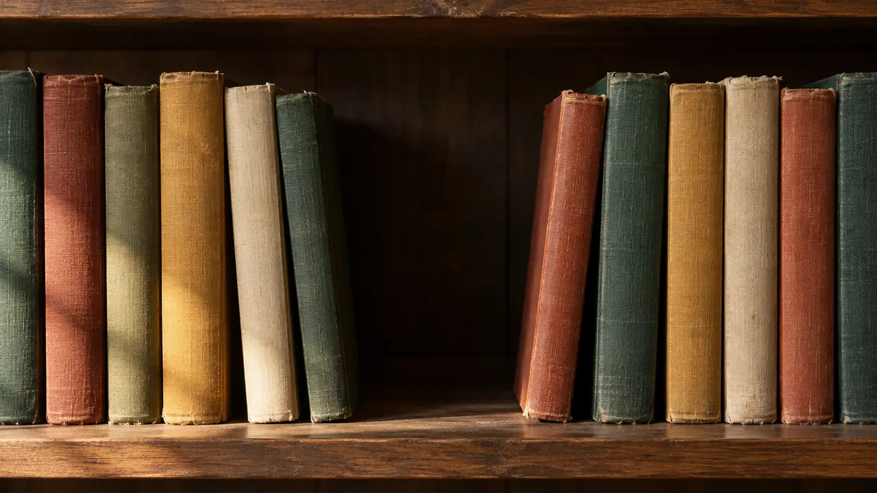 Une rangée de livres reliés serrés sur une étagère, avec un large vide sombre en plein centre