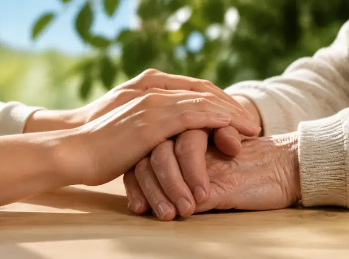 Deux paires de mains, une âgée et une plus jeune, posées l'une sur l'autre sur une table claire en pleine lumière