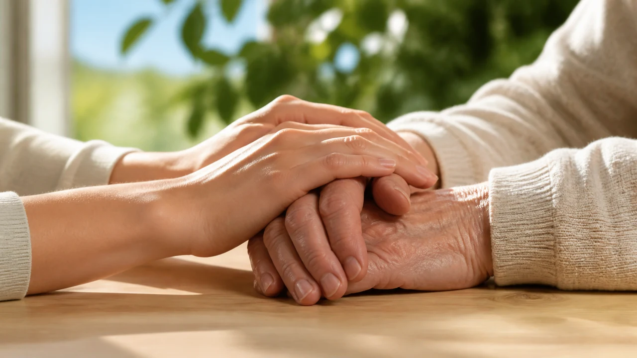 Deux paires de mains, une âgée et une plus jeune, posées l'une sur l'autre sur une table claire en pleine lumière
