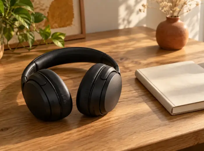 Un casque audio à réduction de bruit posé à plat sur un bureau en bois clair, à côté d'un carnet fermé