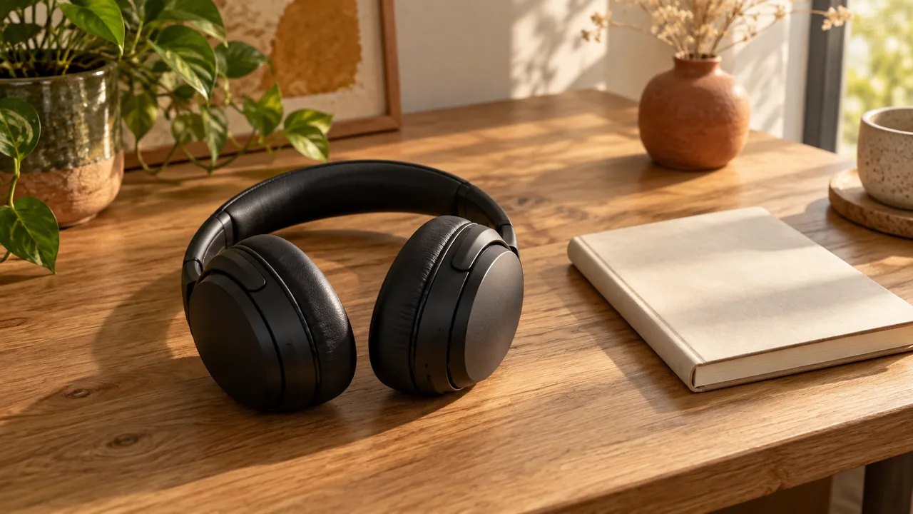 Un casque audio à réduction de bruit posé à plat sur un bureau en bois clair, à côté d'un carnet fermé