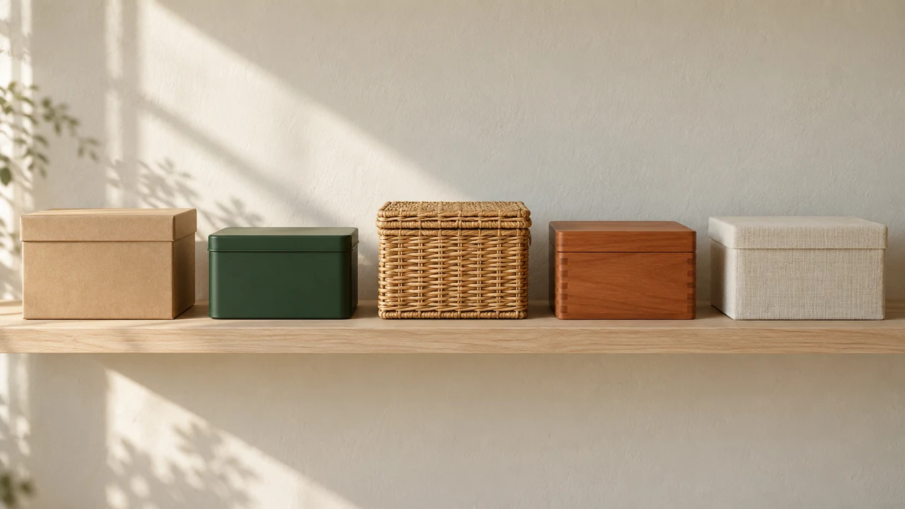 Cinq boîtes de rangement de tailles et de matières différentes alignées sur une étagère en bois clair