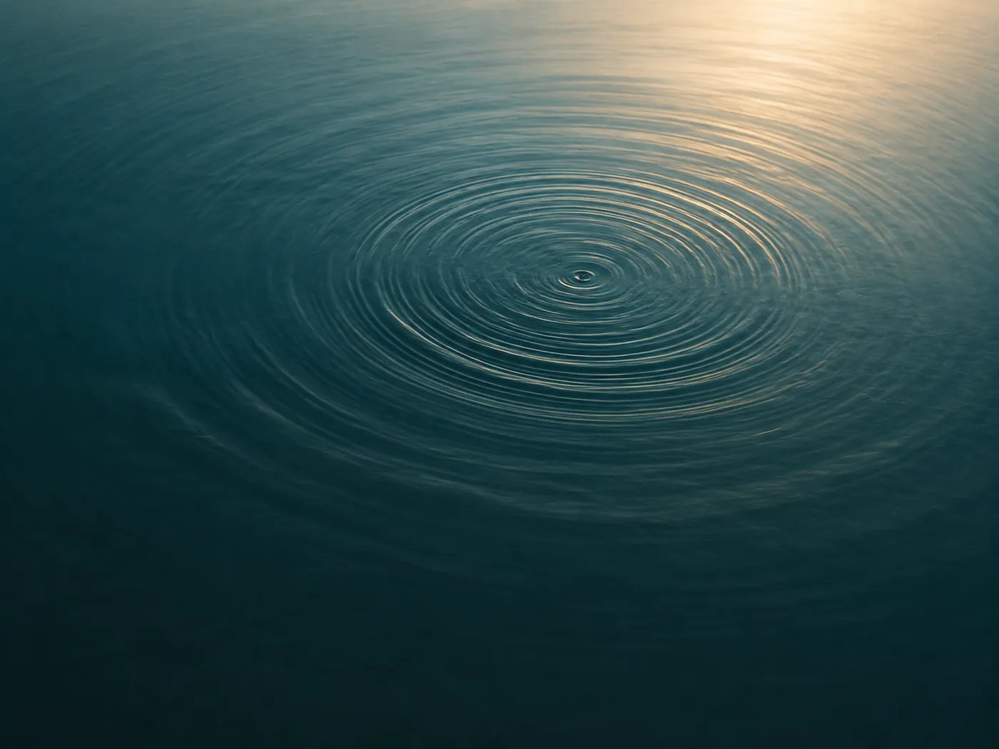 Ondes concentriques à la surface d’une eau calme aux reflets dorés