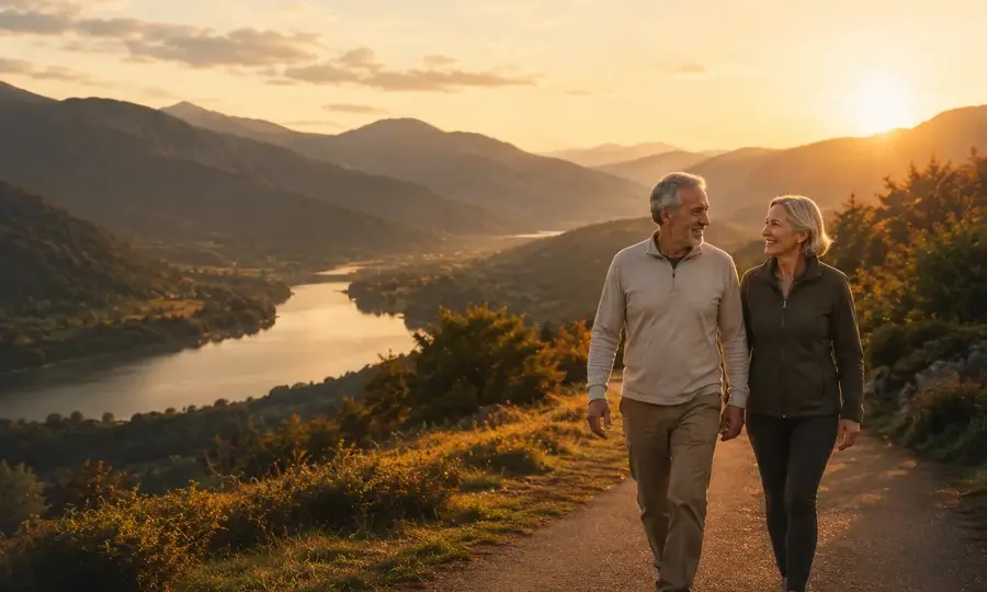 Couple de seniors marchant sur un chemin de campagne au coucher du soleil