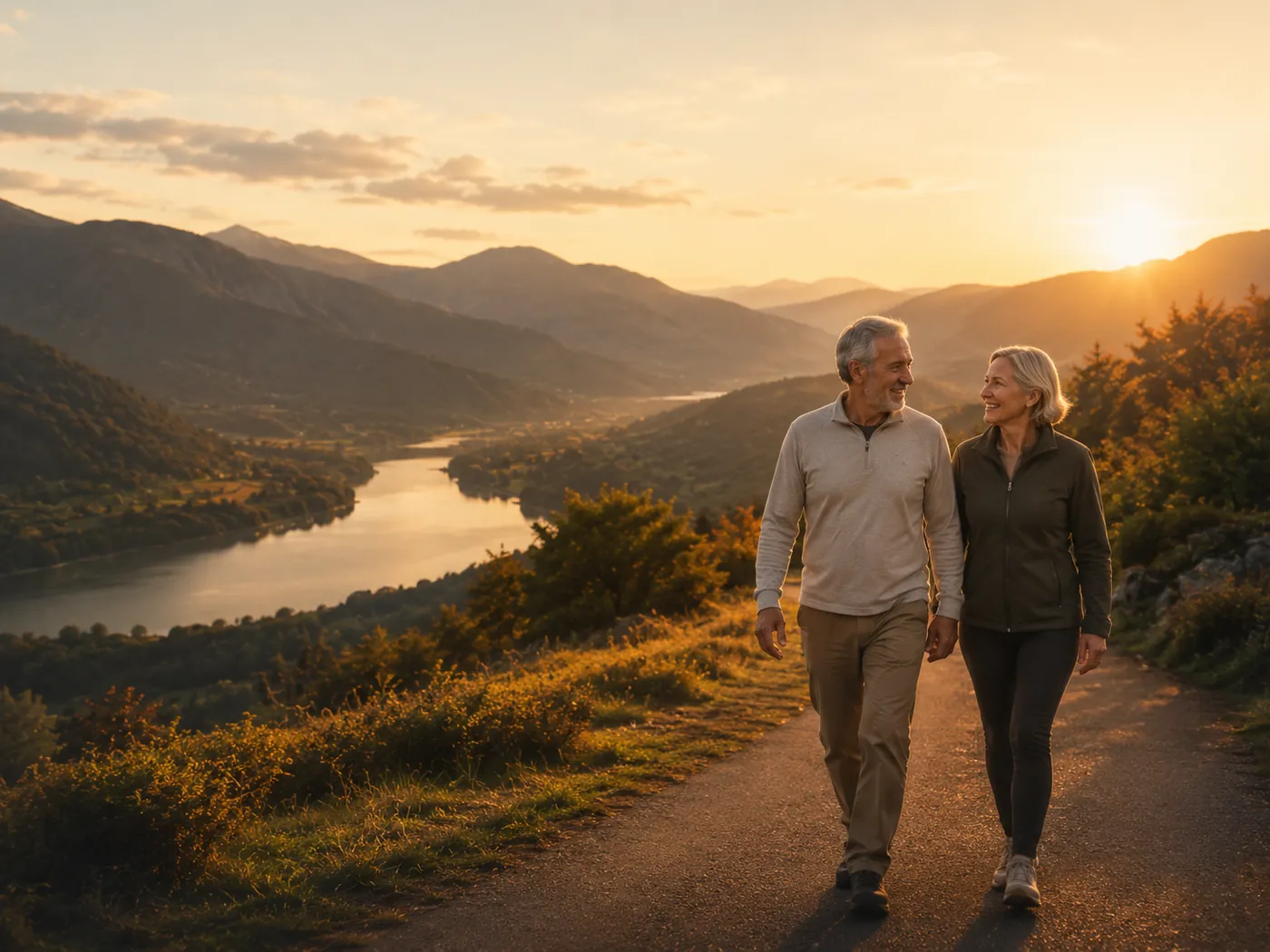 Couple de seniors marchant sur un chemin de campagne au coucher du soleil