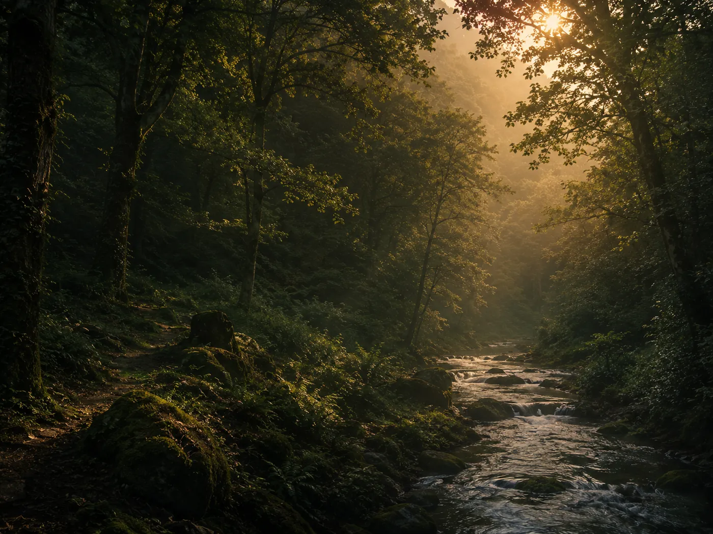 Sentier en sous-bois le long d’un ruisseau, lumière dorée filtrant à travers les arbres