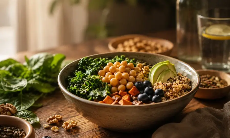 Bol de chou kale, pois chiches, myrtilles, avocat et quinoa sur une table en bois