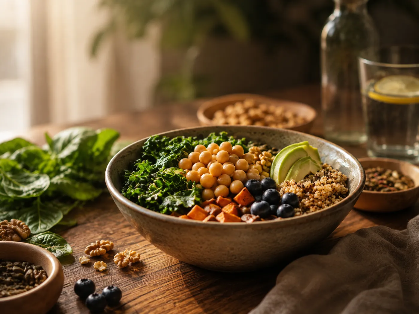 Bol de chou kale, pois chiches, myrtilles, avocat et quinoa sur une table en bois