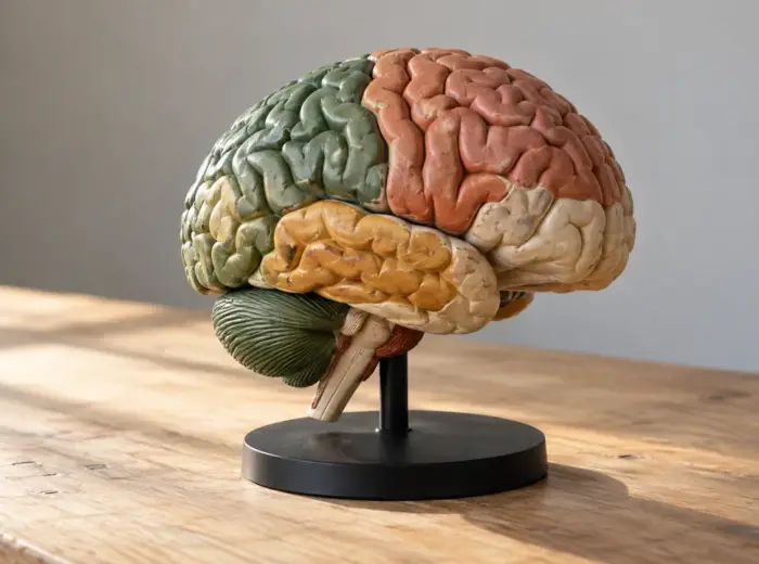 Un modèle anatomique de cerveau humain en résine peinte, posé sur un socle noir sur une table en bois