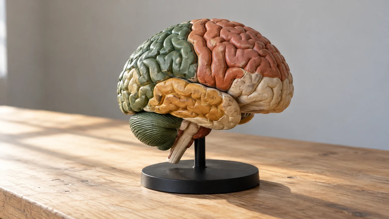Un modèle anatomique de cerveau humain en résine peinte, posé sur un socle noir sur une table en bois