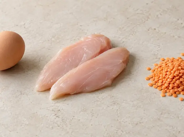 Un œuf brun, deux filets de blanc de poulet cru et une poignée de lentilles corail espacés sur un plan de travail en pierre claire