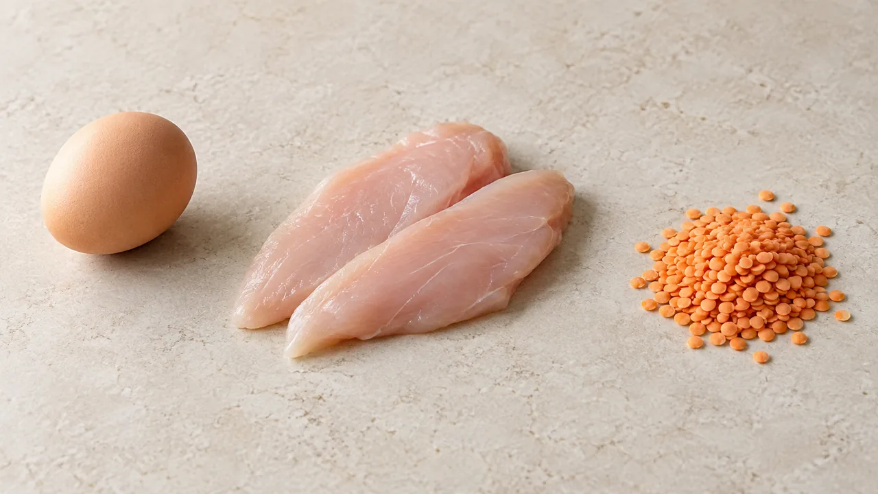 Un œuf brun, deux filets de blanc de poulet cru et une poignée de lentilles corail espacés sur un plan de travail en pierre claire