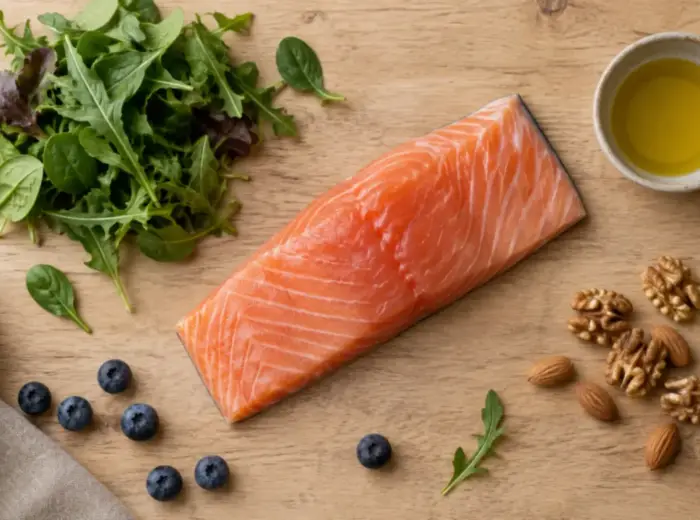 Vue de dessus d'un filet de saumon cru, de jeunes pousses vertes, de noix, d'amandes, de myrtilles et d'un bol d'huile d'olive sur un plan de travail en bois clair