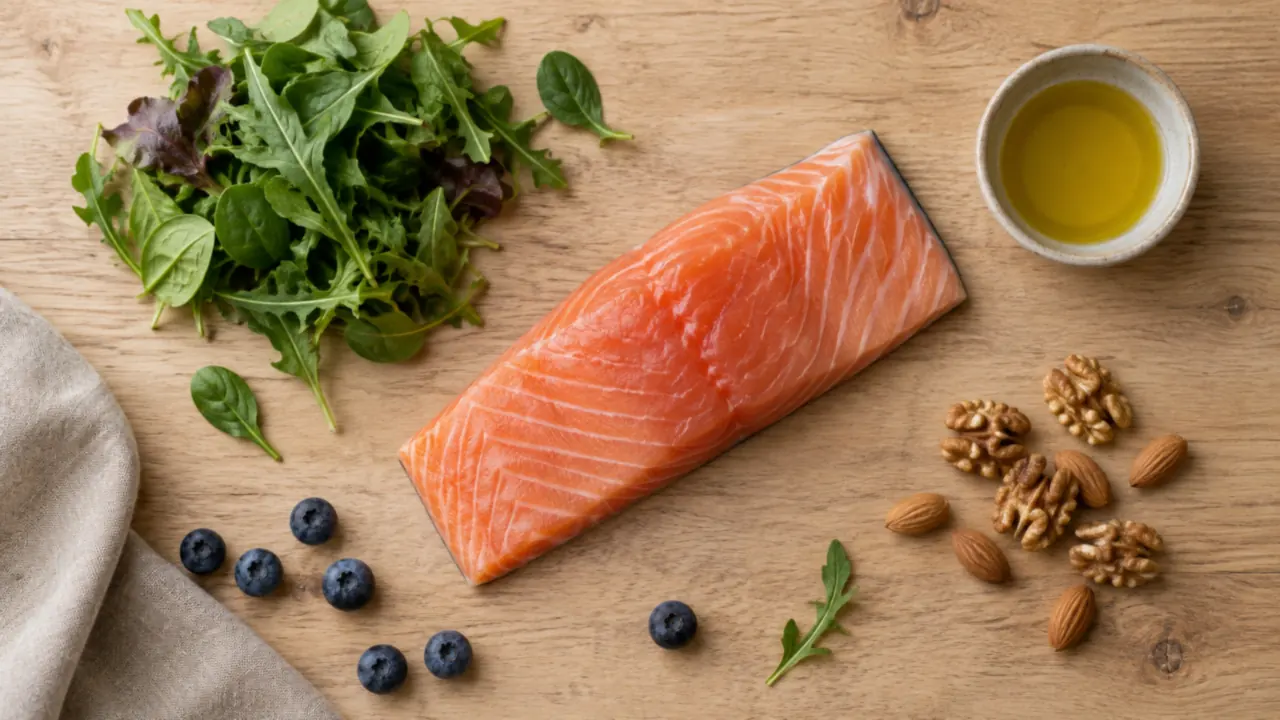 Vue de dessus d'un filet de saumon cru, de jeunes pousses vertes, de noix, d'amandes, de myrtilles et d'un bol d'huile d'olive sur un plan de travail en bois clair