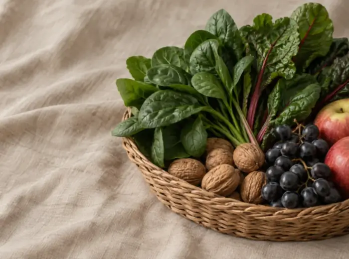 Panier en osier rempli d'épinards, de blettes, de noix en coquille, de raisin noir et de pommes, posé sur une nappe en lin beige