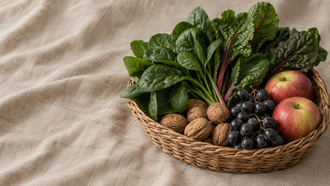 Panier en osier rempli d'épinards, de blettes, de noix en coquille, de raisin noir et de pommes, posé sur une nappe en lin beige