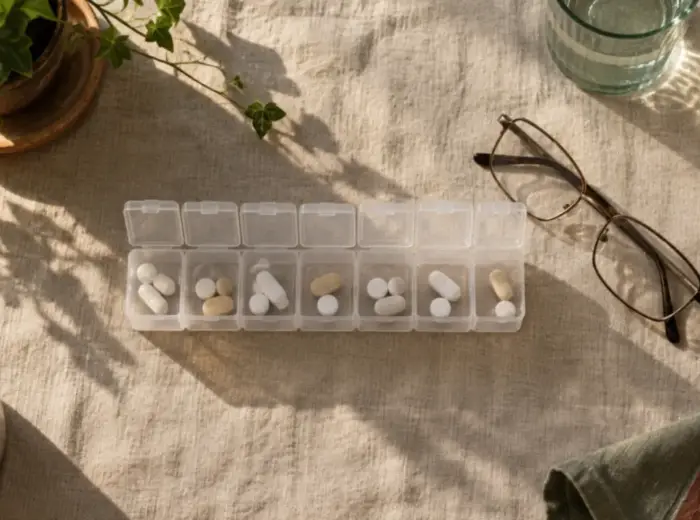 Un pilulier hebdomadaire transparent ouvert et une paire de lunettes de lecture posés sur une nappe en lin sable, vus de dessus