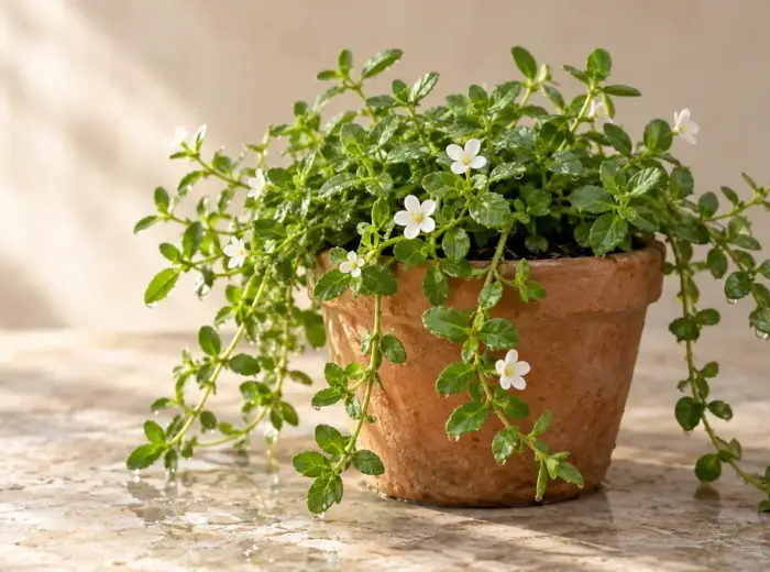 Une plante de Bacopa monnieri dans un pot en terre cuite, aux petites feuilles charnues perlées de gouttes d'eau
