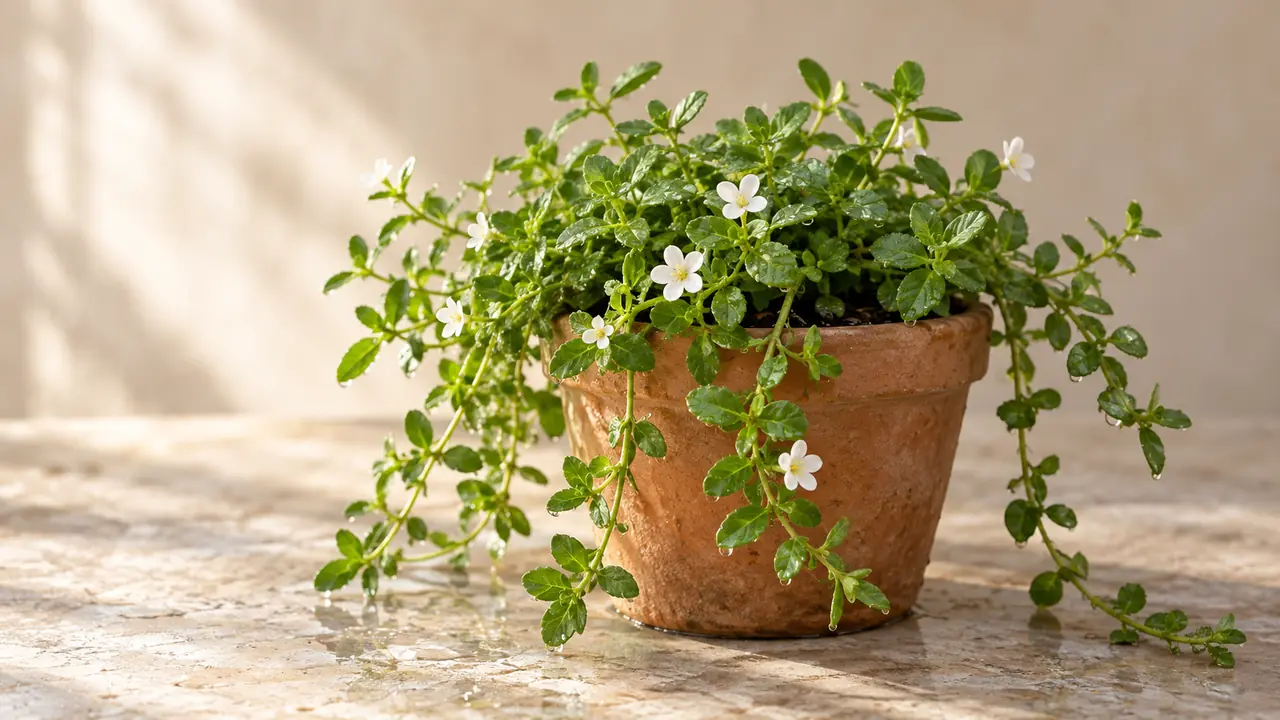 Une plante de Bacopa monnieri dans un pot en terre cuite, aux petites feuilles charnues perlées de gouttes d'eau