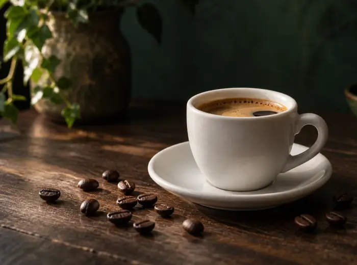 Une tasse d'espresso en céramique blanche sur sa soucoupe et des grains de café torréfiés, sur une table en bois foncé