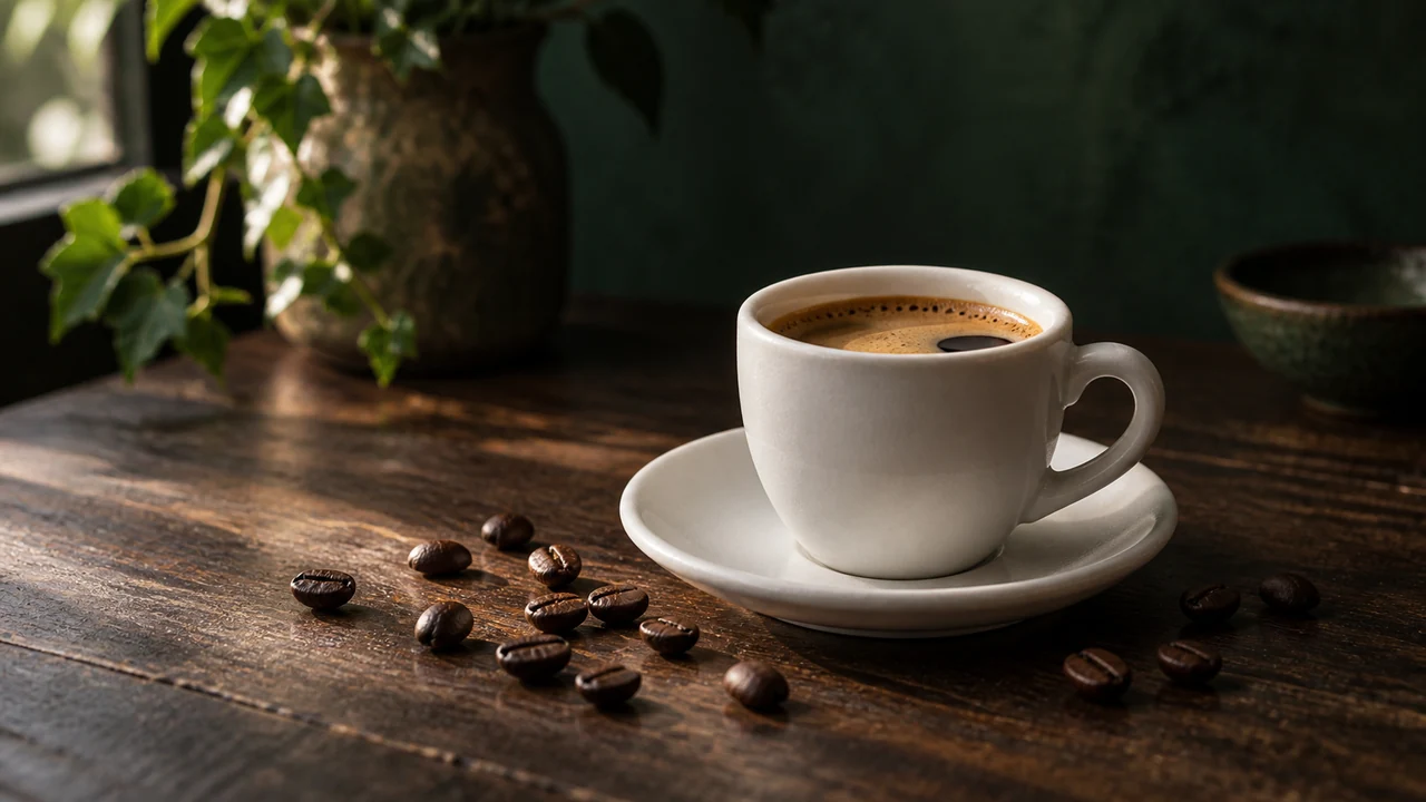 Une tasse d'espresso en céramique blanche sur sa soucoupe et des grains de café torréfiés, sur une table en bois foncé