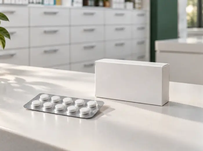 Une plaquette de comprimés blancs sous blister et une boîte en carton vierge posées sur le comptoir blanc d'une pharmacie