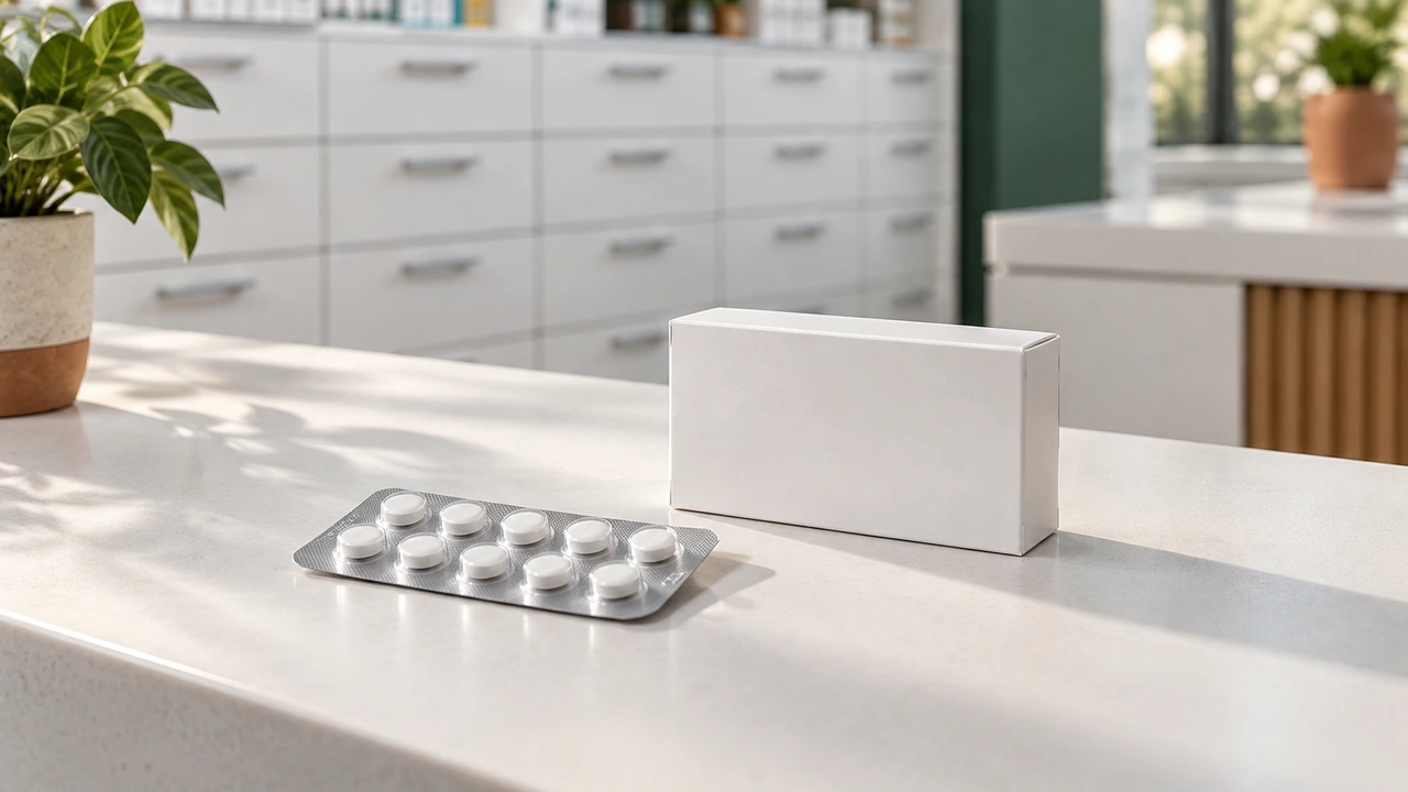 Une plaquette de comprimés blancs sous blister et une boîte en carton vierge posées sur le comptoir blanc d'une pharmacie