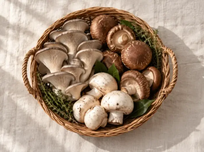 Un assortiment de champignons frais, shiitakes, pleurotes et champignons de Paris, dans un panier en osier sur une nappe en lin