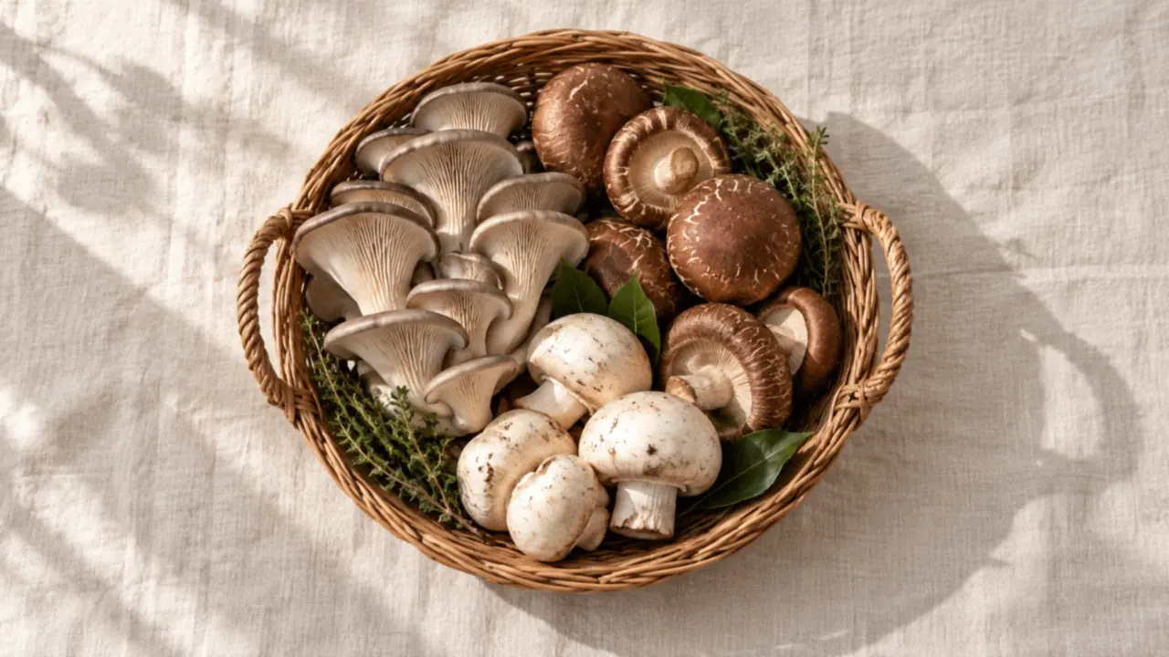Un assortiment de champignons frais, shiitakes, pleurotes et champignons de Paris, dans un panier en osier sur une nappe en lin