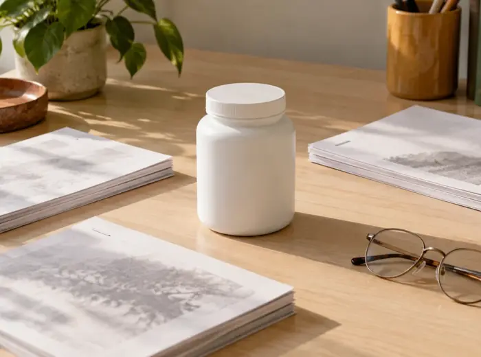 Un pot de complément alimentaire blanc sans étiquette entouré de piles de feuilles imprimées sur un bureau en bois clair