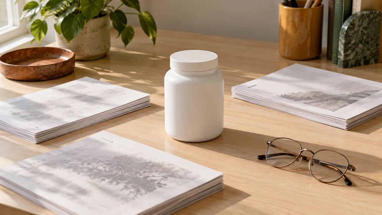 Un pot de complément alimentaire blanc sans étiquette entouré de piles de feuilles imprimées sur un bureau en bois clair