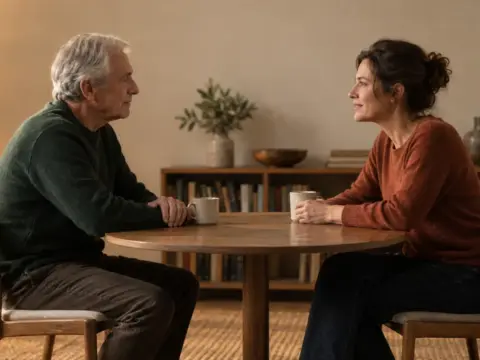 Un homme âgé et une femme plus jeune en conversation de part et d'autre d'une table ronde en bois, dans un intérieur clair