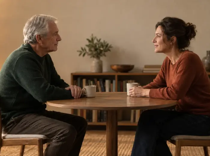 Un homme âgé et une femme plus jeune en conversation de part et d'autre d'une table ronde en bois, dans un intérieur clair