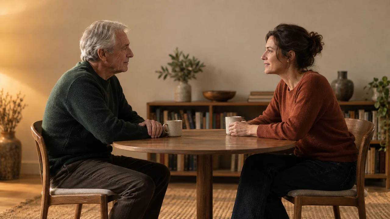 Un homme âgé et une femme plus jeune en conversation de part et d'autre d'une table ronde en bois, dans un intérieur clair